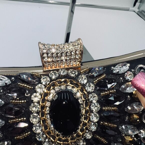 Jeweled, Rhinestone and Beaded Clip Lock Satin Evening Bag with Two Chain Length - Picture 5 of 11